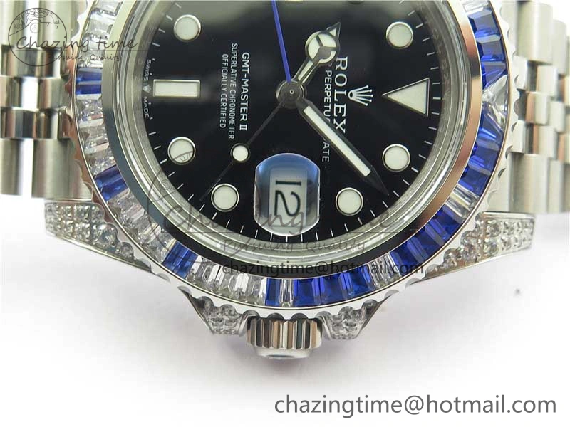 FashionForward GMT-Master II White Blue Diamonds Bezel 904L Steel GMF Best Edition Black Dial On Jubilee Bracelet SA3285 CHS V 2579