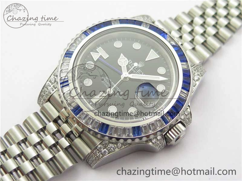FashionForward GMT-Master II White Blue Diamonds Bezel 904L Steel GMF Best Edition Black Dial On Jubilee Bracelet SA3285 CHS V 2579