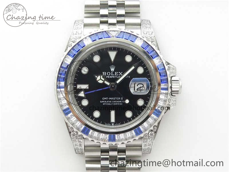 FashionForward GMT-Master II White Blue Diamonds Bezel 904L Steel GMF Best Edition Black Dial On Jubilee Bracelet SA3285 CHS V 2579