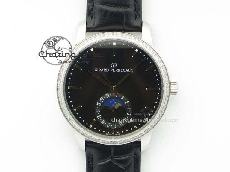 OnTrend GP Moonphase SS Black Dial Diamond Bezel On Black Leather Strap On Cal.GP033MO 6612