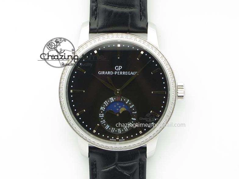 OnTrend GP Moonphase SS Black Dial Diamond Bezel On Black Leather Strap On Cal.GP033MO 6612