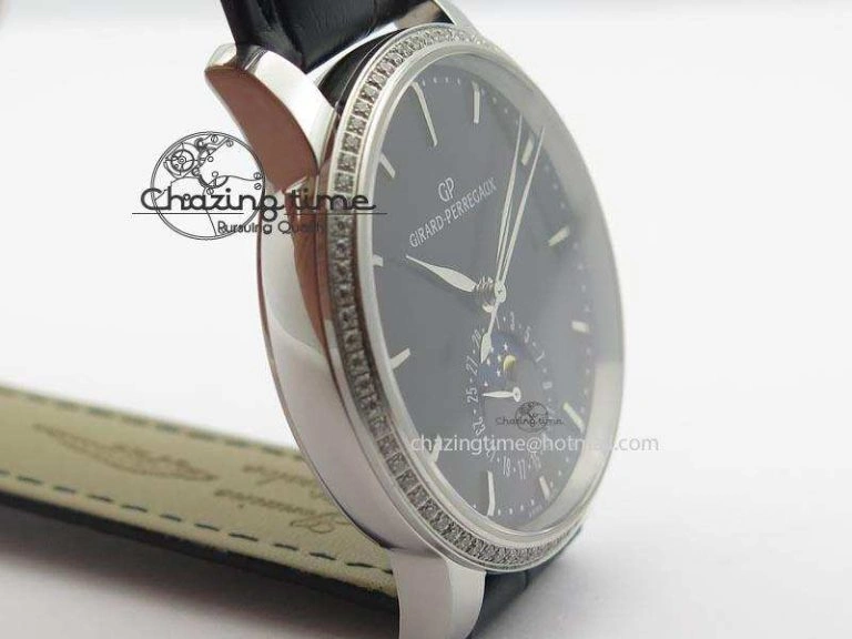 OnTrend GP Moonphase SS Black Dial Diamond Bezel On Black Leather Strap On Cal.GP033MO 6612