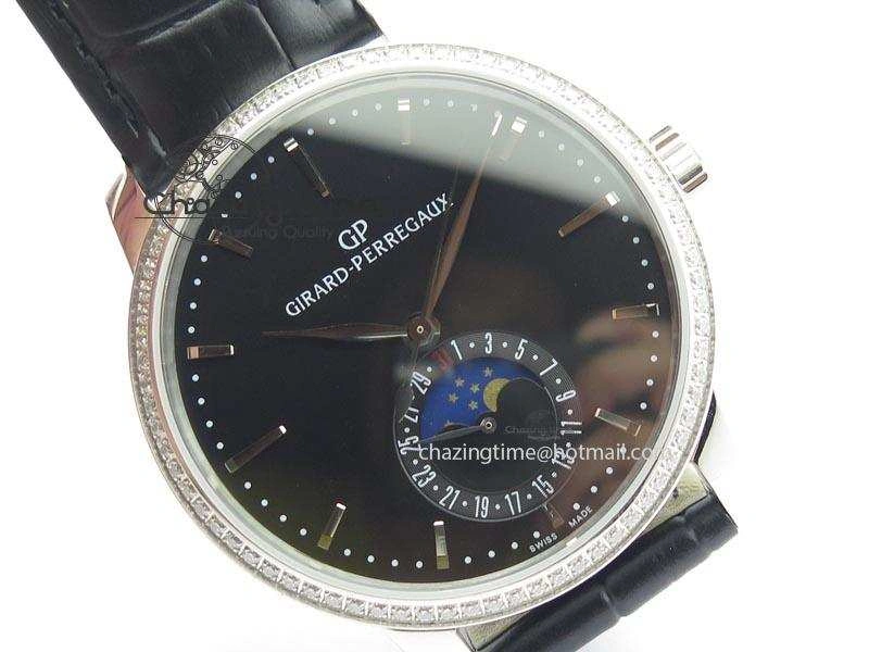 OnTrend GP Moonphase SS Black Dial Diamond Bezel On Black Leather Strap On Cal.GP033MO 6612