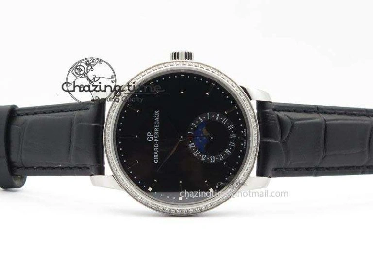 OnTrend GP Moonphase SS Black Dial Diamond Bezel On Black Leather Strap On Cal.GP033MO 6612