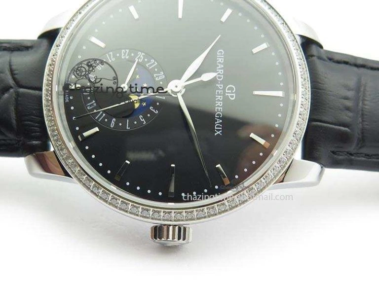 OnTrend GP Moonphase SS Black Dial Diamond Bezel On Black Leather Strap On Cal.GP033MO 6612