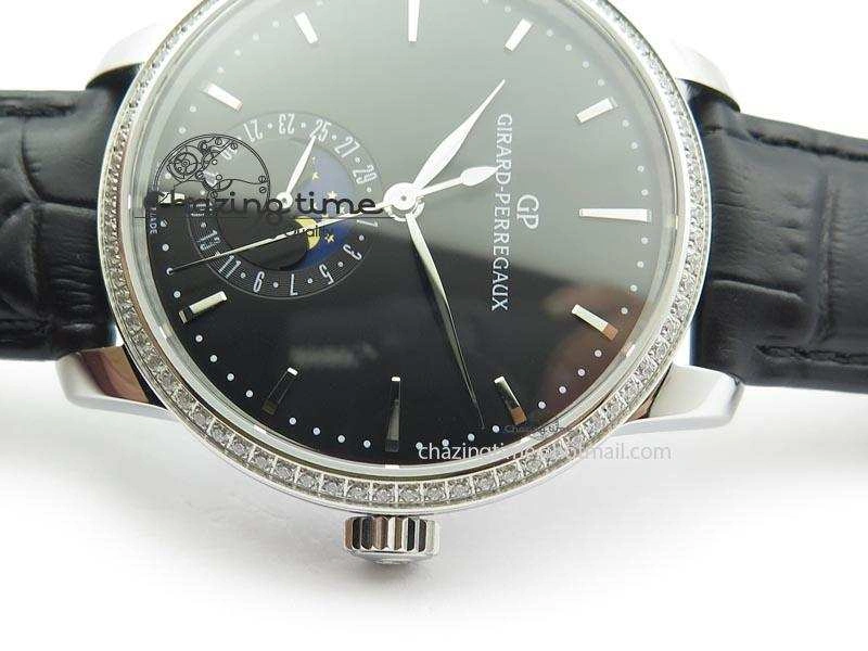 OnTrend GP Moonphase SS Black Dial Diamond Bezel On Black Leather Strap On Cal.GP033MO 6612