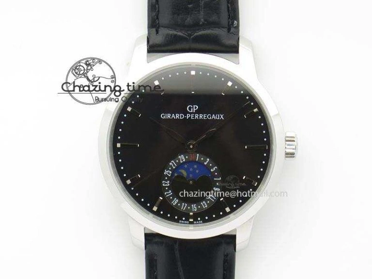 Stretchable GP Moonphase SS Black Dial On Black Leather Strap On Cal.GP033MO 6613
