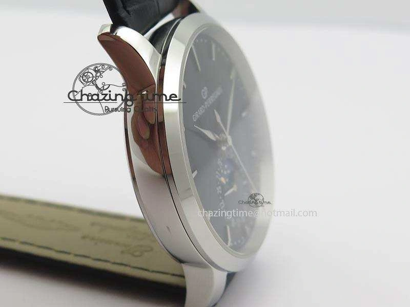 Stretchable GP Moonphase SS Black Dial On Black Leather Strap On Cal.GP033MO 6613