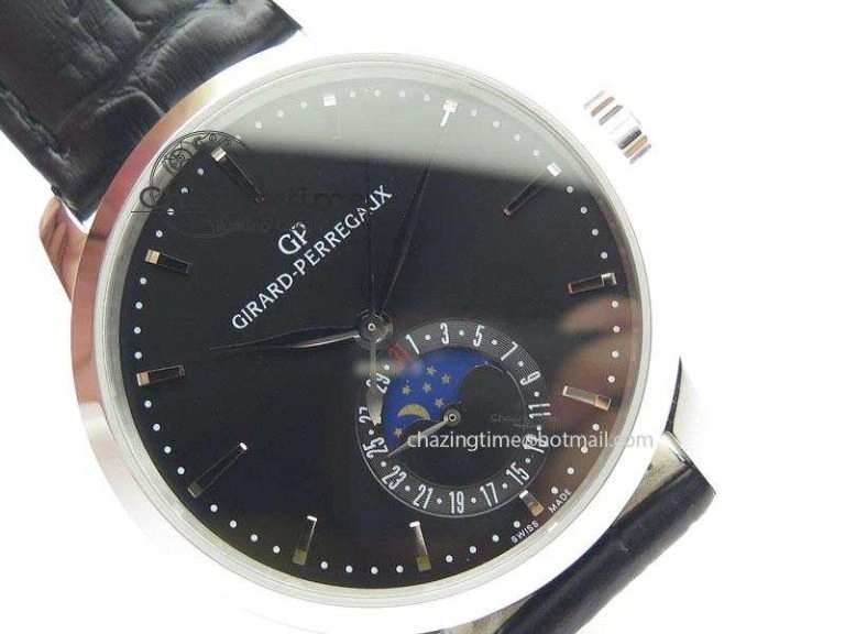 Stretchable GP Moonphase SS Black Dial On Black Leather Strap On Cal.GP033MO 6613