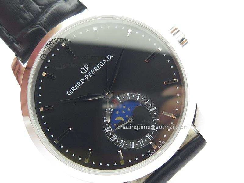Stretchable GP Moonphase SS Black Dial On Black Leather Strap On Cal.GP033MO 6613