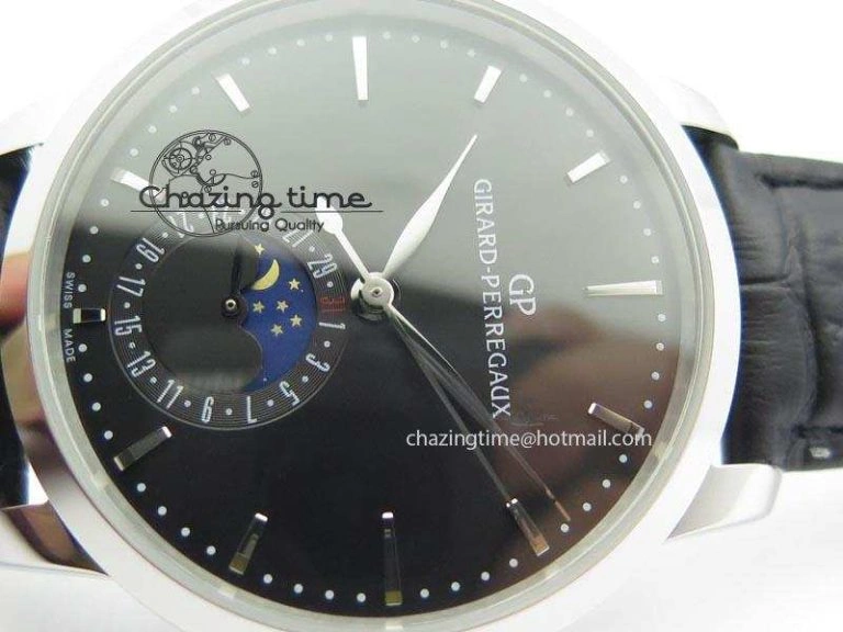 Stretchable GP Moonphase SS Black Dial On Black Leather Strap On Cal.GP033MO 6613