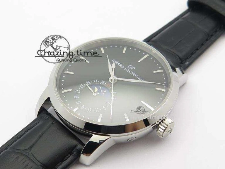 Stretchable GP Moonphase SS Black Dial On Black Leather Strap On Cal.GP033MO 6613