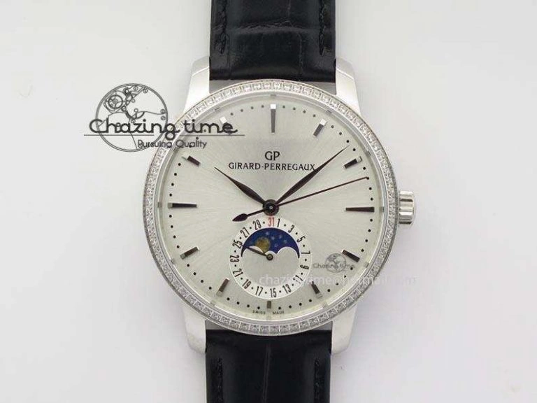 Upgraded GP Moonphase SS Silver Dial Diamond Bezel On Black Leather Strap On Cal.GP033MO 6614