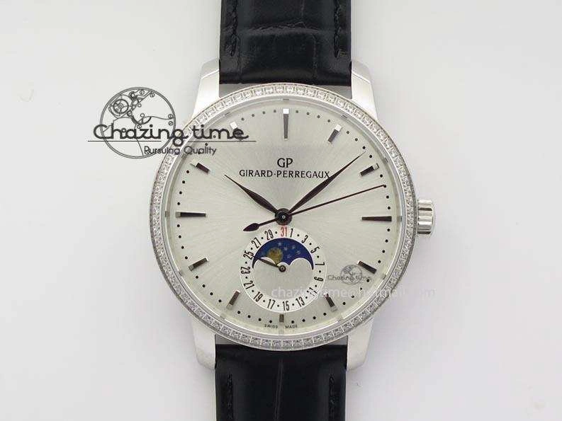 Upgraded GP Moonphase SS Silver Dial Diamond Bezel On Black Leather Strap On Cal.GP033MO 6614