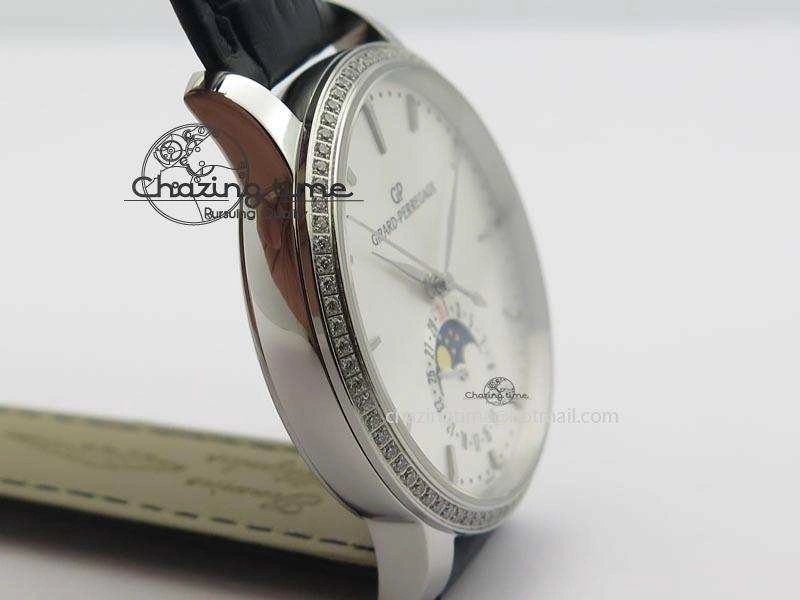Upgraded GP Moonphase SS Silver Dial Diamond Bezel On Black Leather Strap On Cal.GP033MO 6614