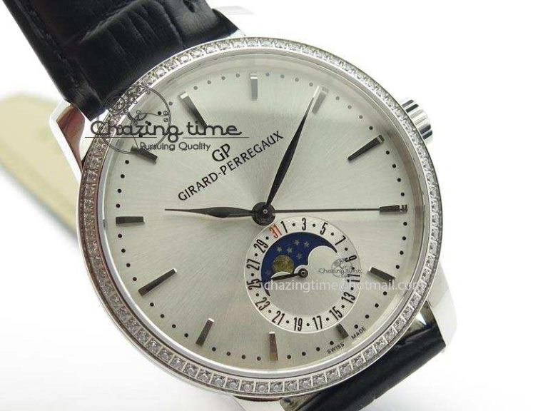 Upgraded GP Moonphase SS Silver Dial Diamond Bezel On Black Leather Strap On Cal.GP033MO 6614