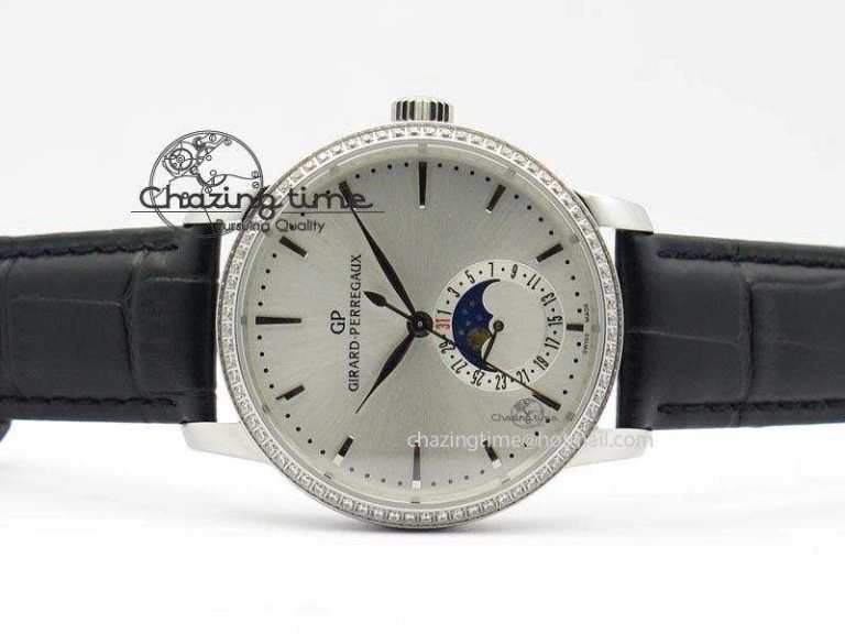 Upgraded GP Moonphase SS Silver Dial Diamond Bezel On Black Leather Strap On Cal.GP033MO 6614