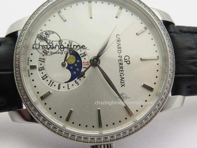 Upgraded GP Moonphase SS Silver Dial Diamond Bezel On Black Leather Strap On Cal.GP033MO 6614
