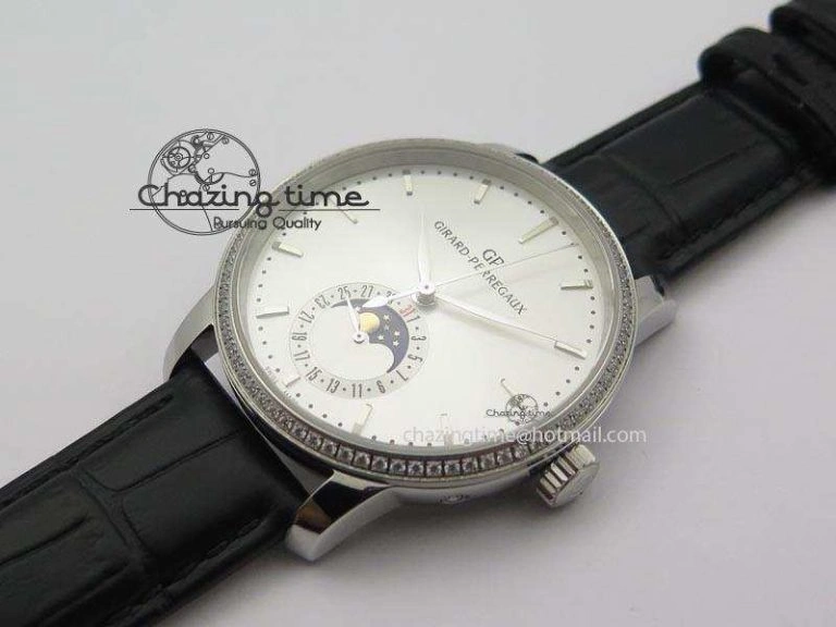 Upgraded GP Moonphase SS Silver Dial Diamond Bezel On Black Leather Strap On Cal.GP033MO 6614