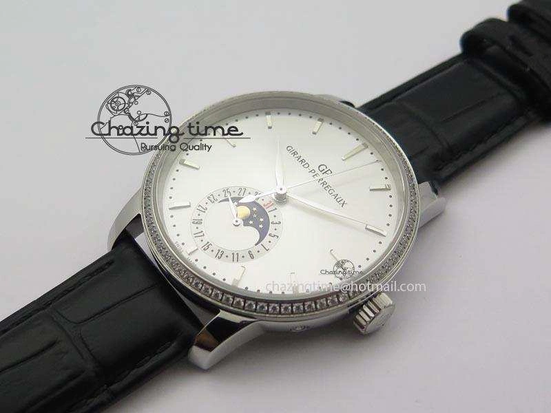 Upgraded GP Moonphase SS Silver Dial Diamond Bezel On Black Leather Strap On Cal.GP033MO 6614