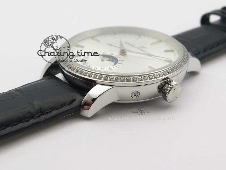 Upgraded GP Moonphase SS Silver Dial Diamond Bezel On Black Leather Strap On Cal.GP033MO 6614