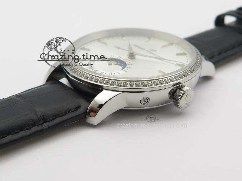 Upgraded GP Moonphase SS Silver Dial Diamond Bezel On Black Leather Strap On Cal.GP033MO 6614