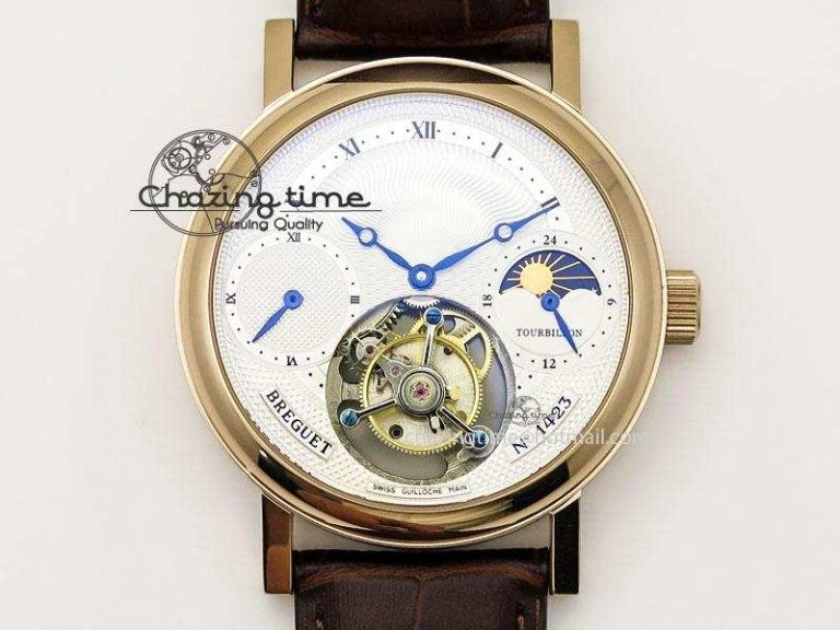 Popular Grand Complication Moon Phase Tourbillon RG White Dial On Brown Leather Strap 5376