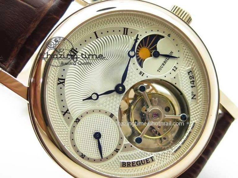 Popular Grand Complication Moon Phase Tourbillon RG White Dial On Brown Leather Strap 5376