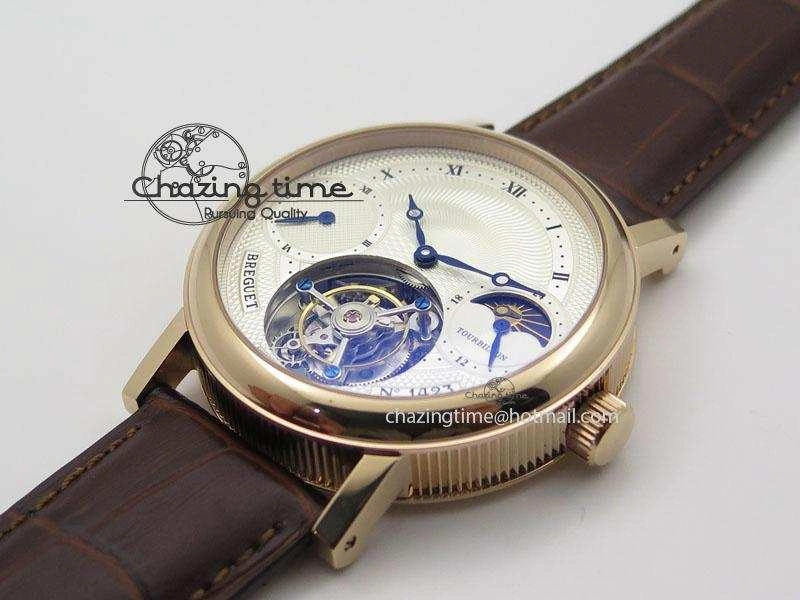Popular Grand Complication Moon Phase Tourbillon RG White Dial On Brown Leather Strap 5376