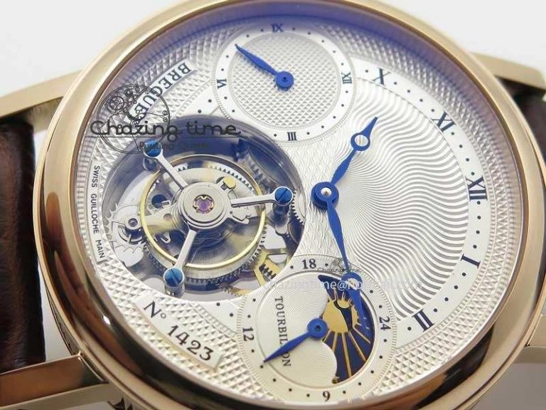 Popular Grand Complication Moon Phase Tourbillon RG White Dial On Brown Leather Strap 5376