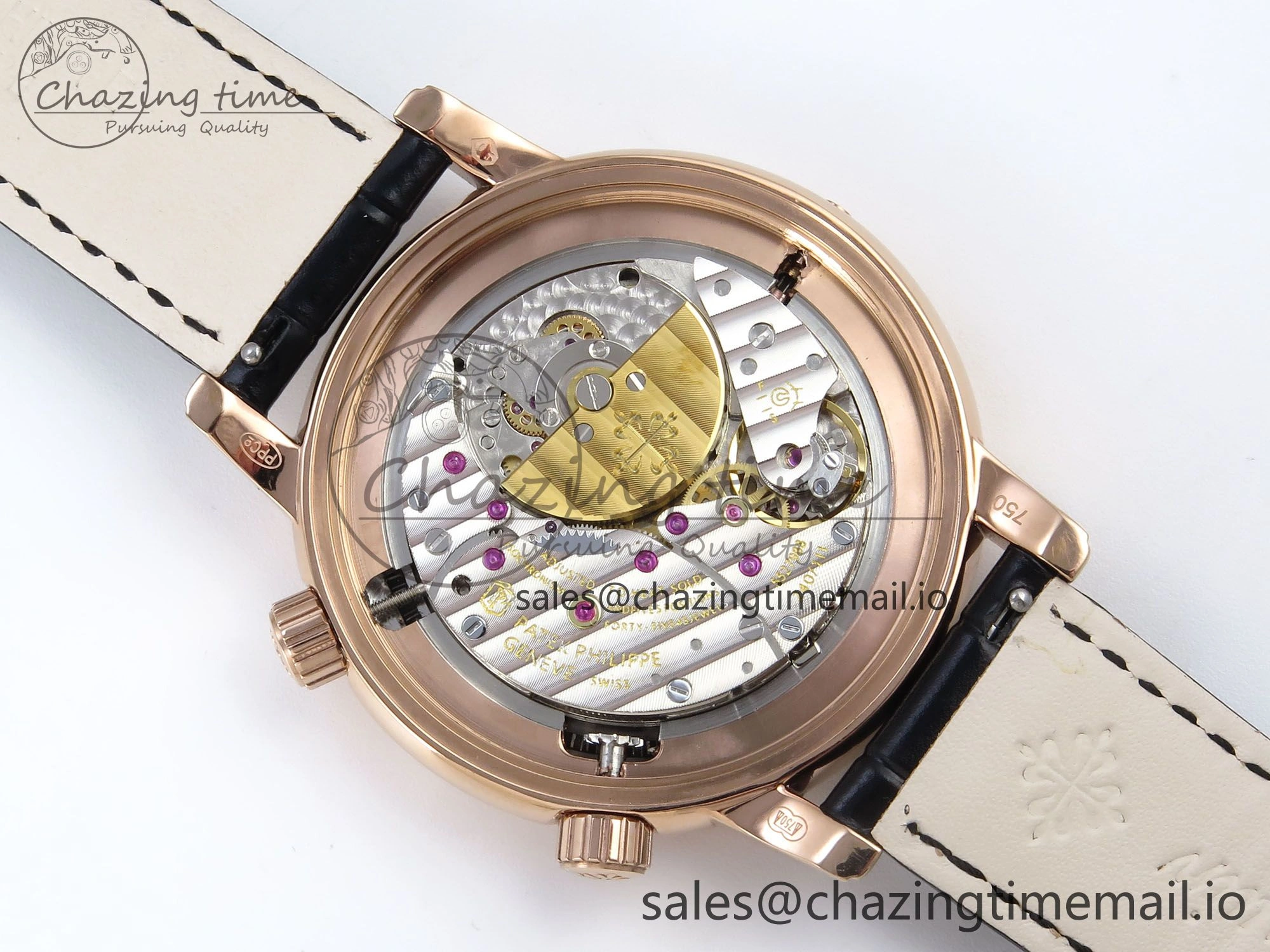 Breathable Grand Complications 6102G Moon YLF RG Black Dial Crystal Bezel on Black Leather Strap A 8648