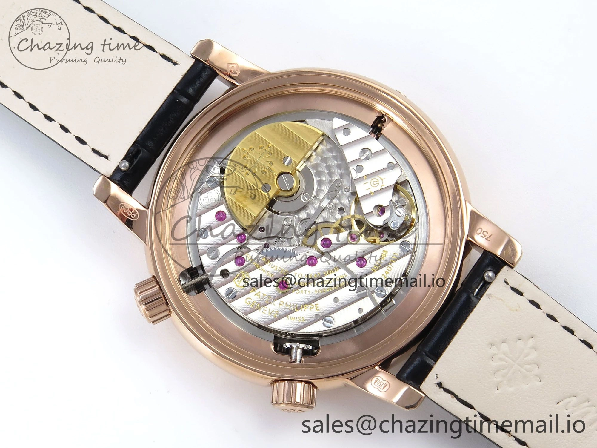 Breathable Grand Complications 6102G Moon YLF RG Black Dial Crystal Bezel on Black Leather Strap A 8648