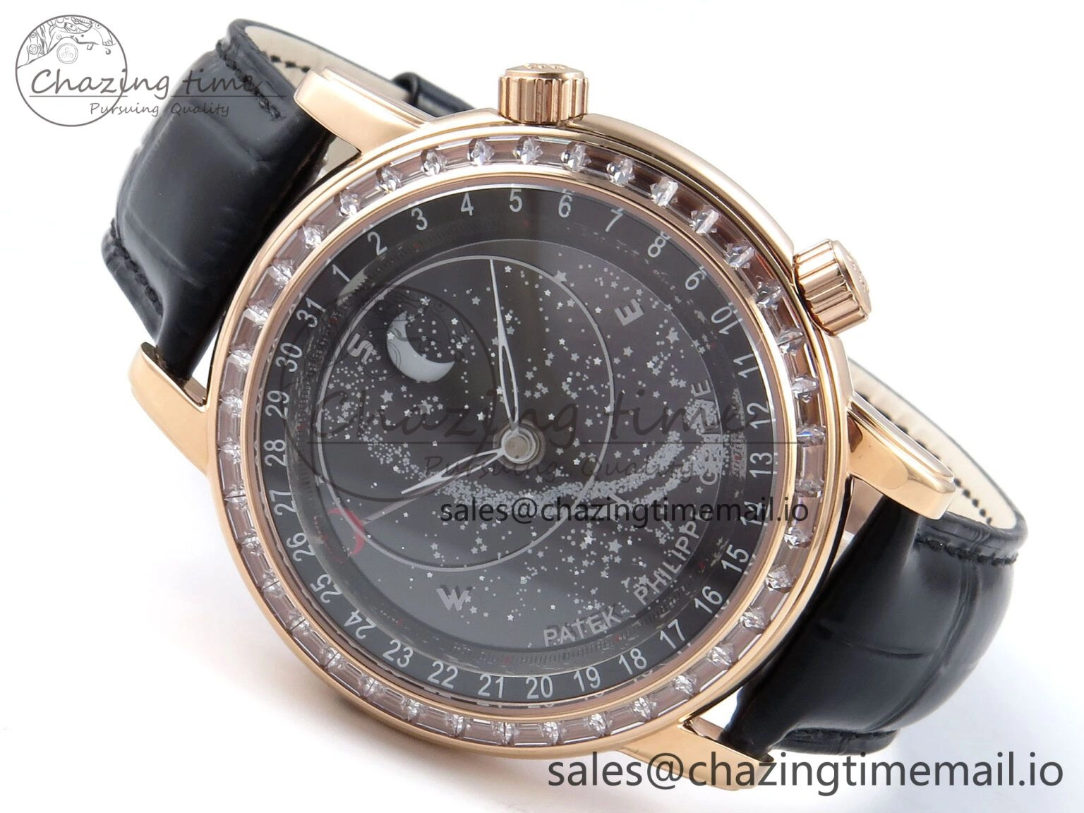 Breathable Grand Complications 6102G Moon YLF RG Black Dial Crystal Bezel on Black Leather Strap A 8648