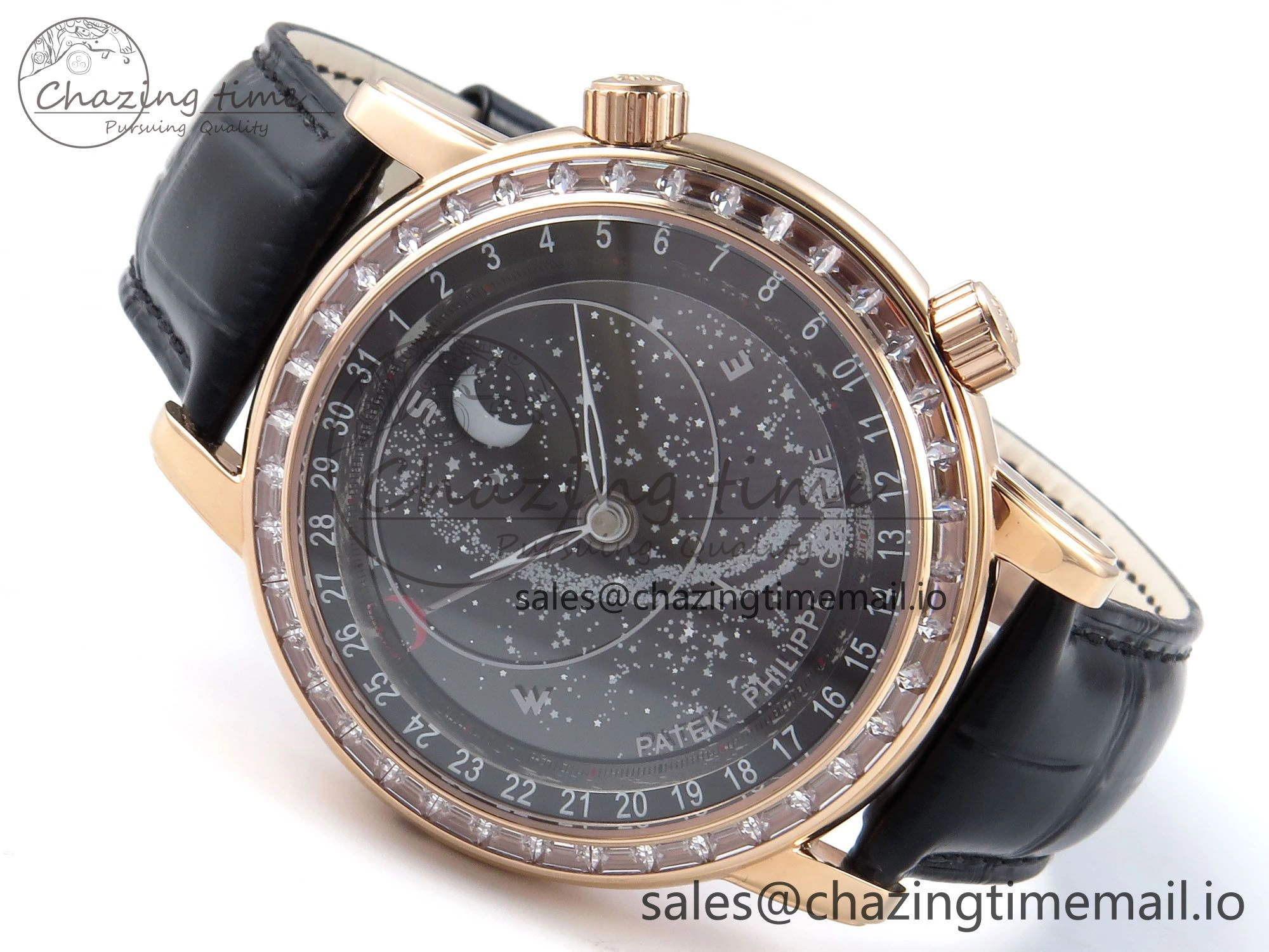 Breathable Grand Complications 6102G Moon YLF RG Black Dial Crystal Bezel on Black Leather Strap A 8648