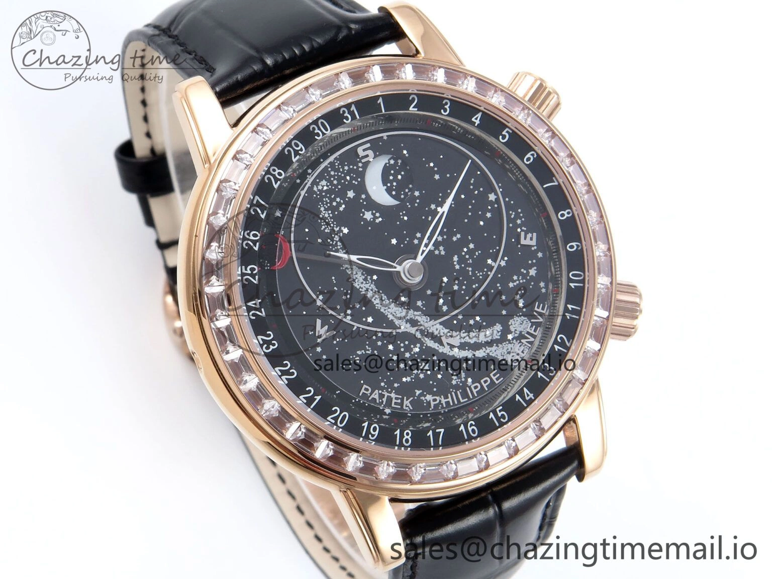Breathable Grand Complications 6102G Moon YLF RG Black Dial Crystal Bezel on Black Leather Strap A 8648