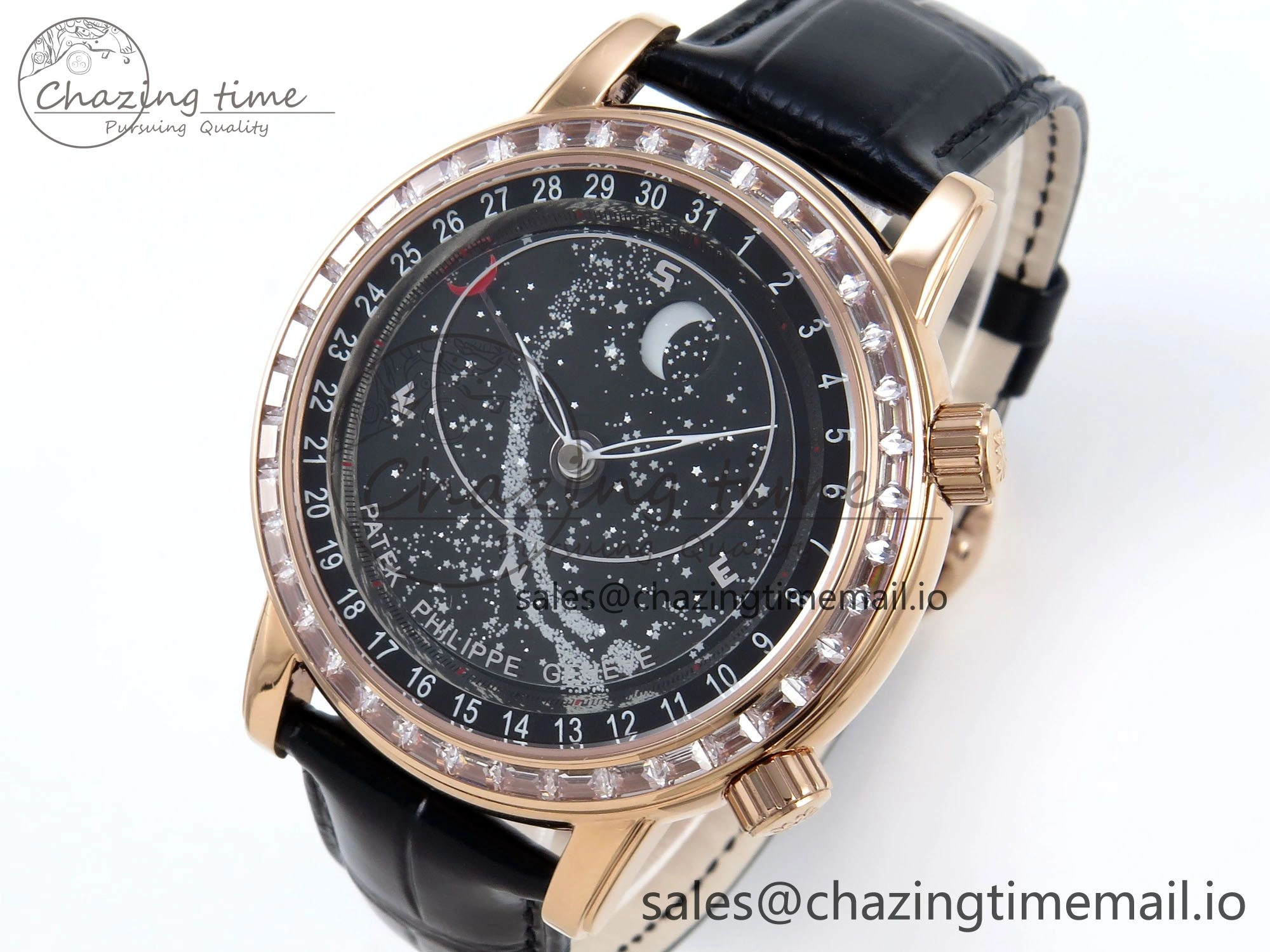 Breathable Grand Complications 6102G Moon YLF RG Black Dial Crystal Bezel on Black Leather Strap A 8648