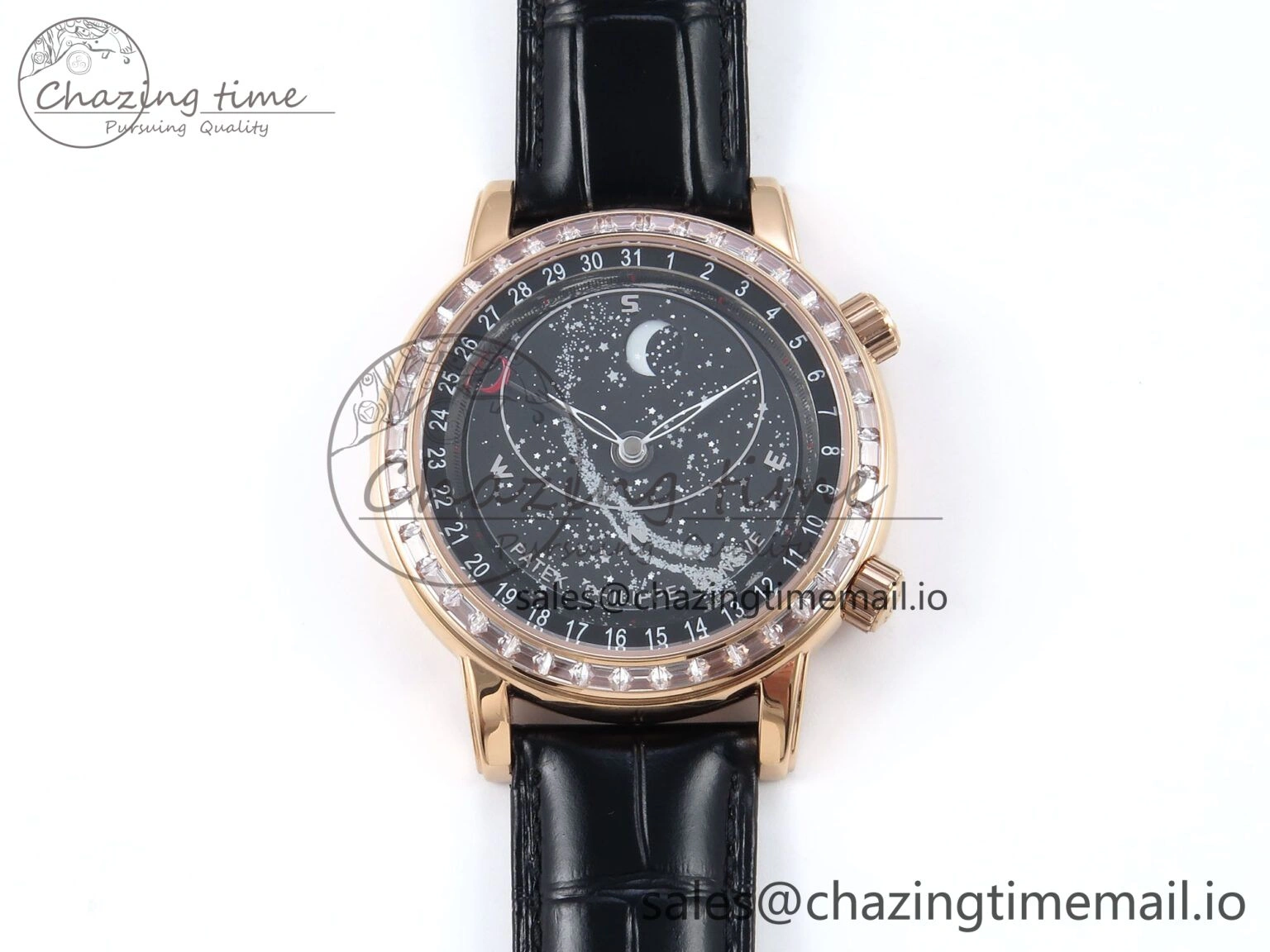 Breathable Grand Complications 6102G Moon YLF RG Black Dial Crystal Bezel on Black Leather Strap A 8648