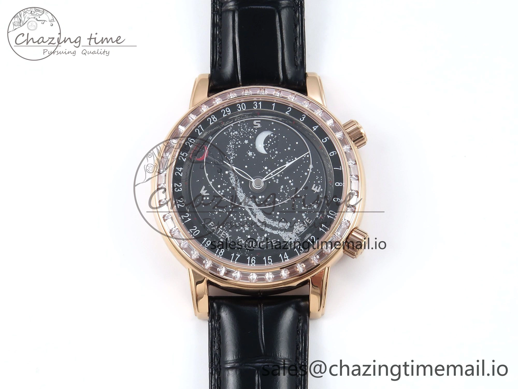 Breathable Grand Complications 6102G Moon YLF RG Black Dial Crystal Bezel on Black Leather Strap A 8648