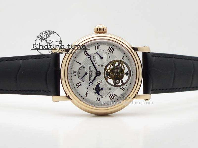 HighQuality Grand Complications AXF Best Edition RG White Dial Moonphase (Left) On Black Leather Strap 9093