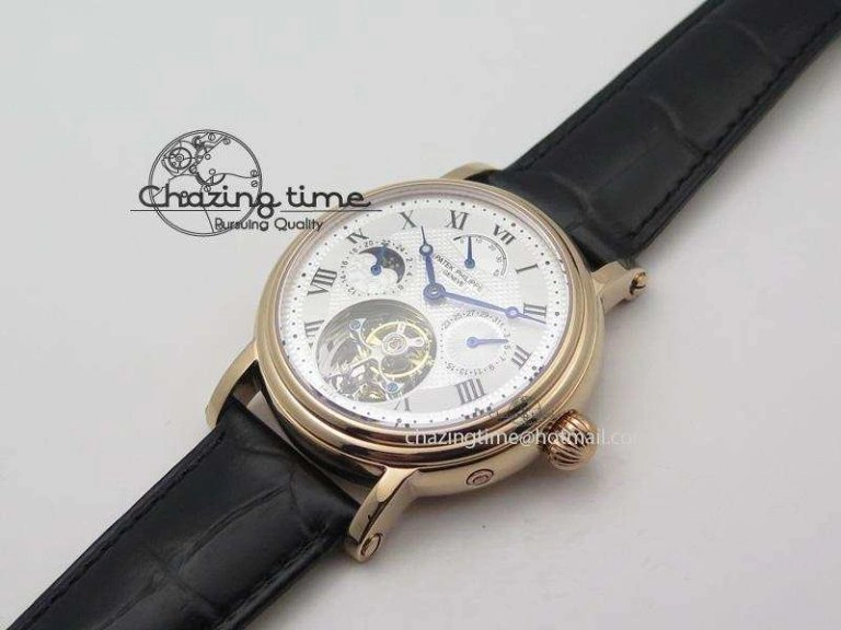 HighQuality Grand Complications AXF Best Edition RG White Dial Moonphase (Left) On Black Leather Strap 9093