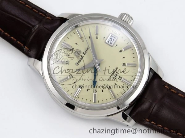Grand Seiko Elegance GMT SS GSF 1:1 Best Edition Cream Dial on Brown Leather Strap NH WrinkleFree 6666
