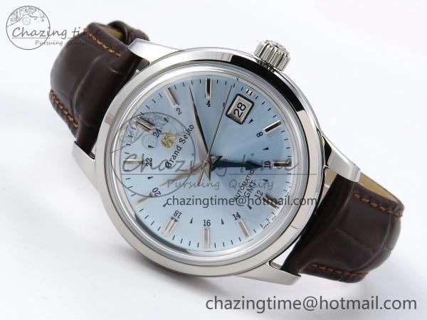 Attractive Grand Seiko Elegance GMT SS GSF 1:1 Best Edition Ice Blue Dial on Brown Leather Strap NH 6661