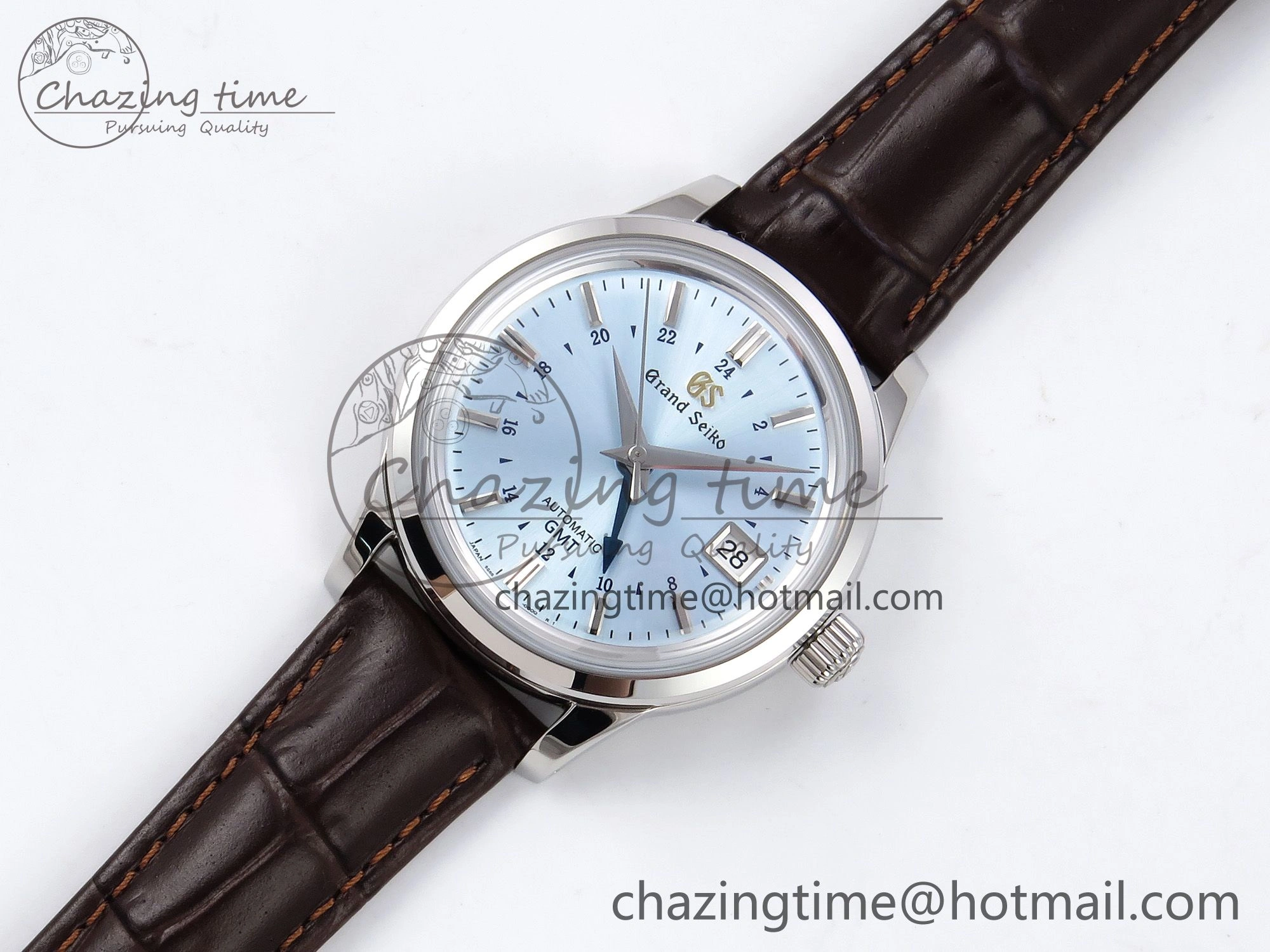 Attractive Grand Seiko Elegance GMT SS GSF 1:1 Best Edition Ice Blue Dial on Brown Leather Strap NH 6661