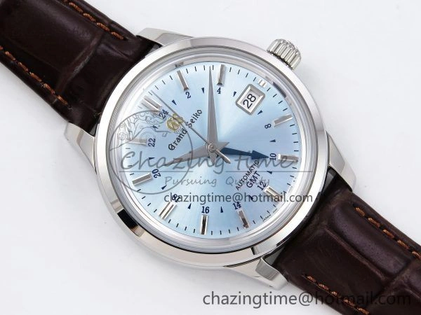 Attractive Grand Seiko Elegance GMT SS GSF 1:1 Best Edition Ice Blue Dial on Brown Leather Strap NH 6661