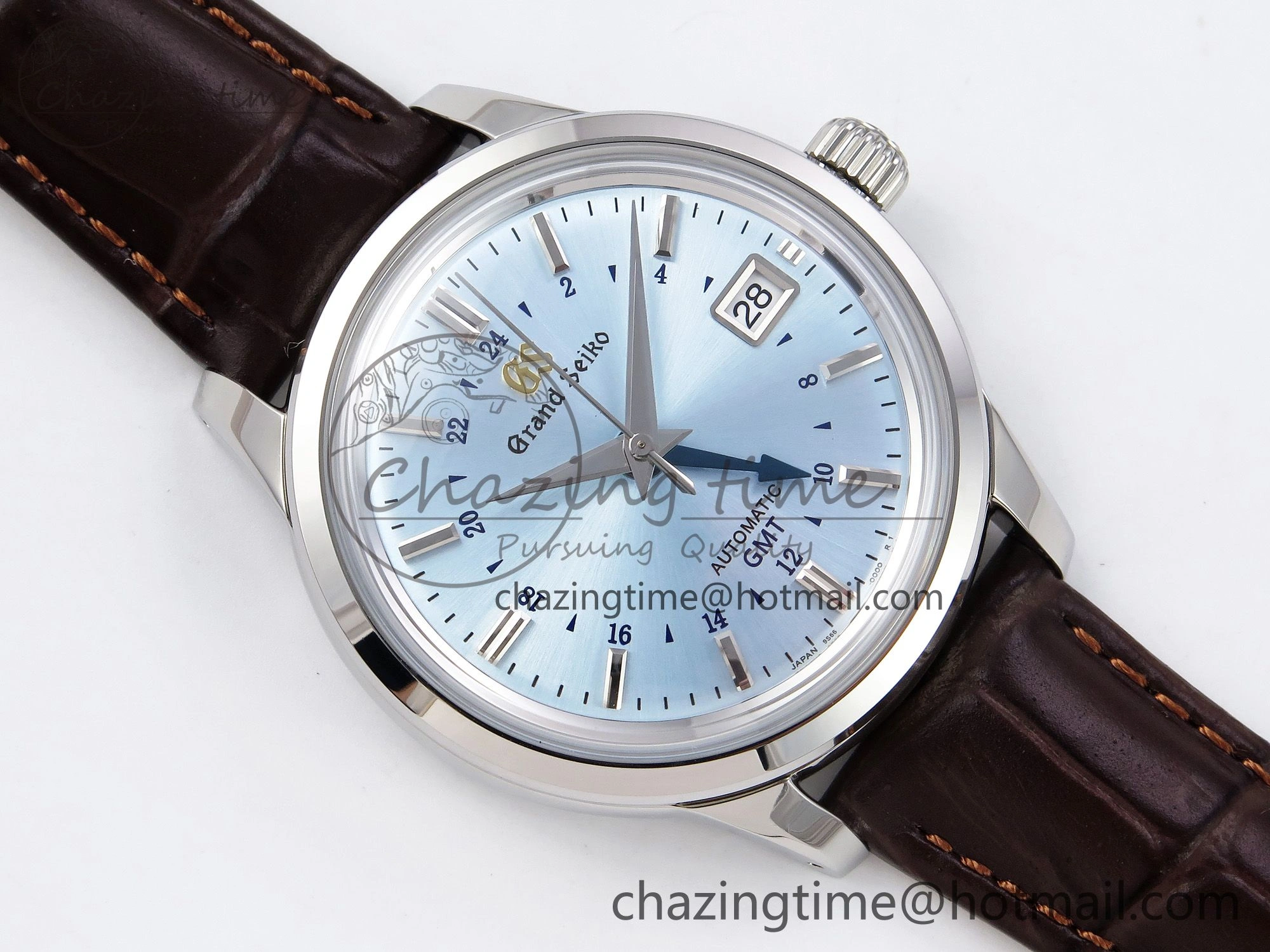Attractive Grand Seiko Elegance GMT SS GSF 1:1 Best Edition Ice Blue Dial on Brown Leather Strap NH 6661