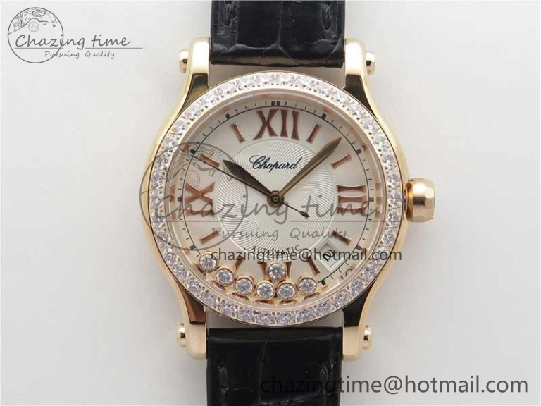 HAPPY SPORT AUTOMATIC RG 36MM CRYSTAL YYF 1:1 BEST EDITION WHITE DIAL ON BLACK LEATHER STRAP A Elegant 6383