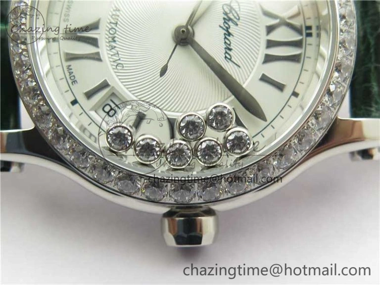 EyeCatching HAPPY SPORT AUTOMATIC SS 36MM CRYSTAL YYF 1:1 BEST EDITION WHITE DIAL ON GREEN LEATHER STRAP A 10313
