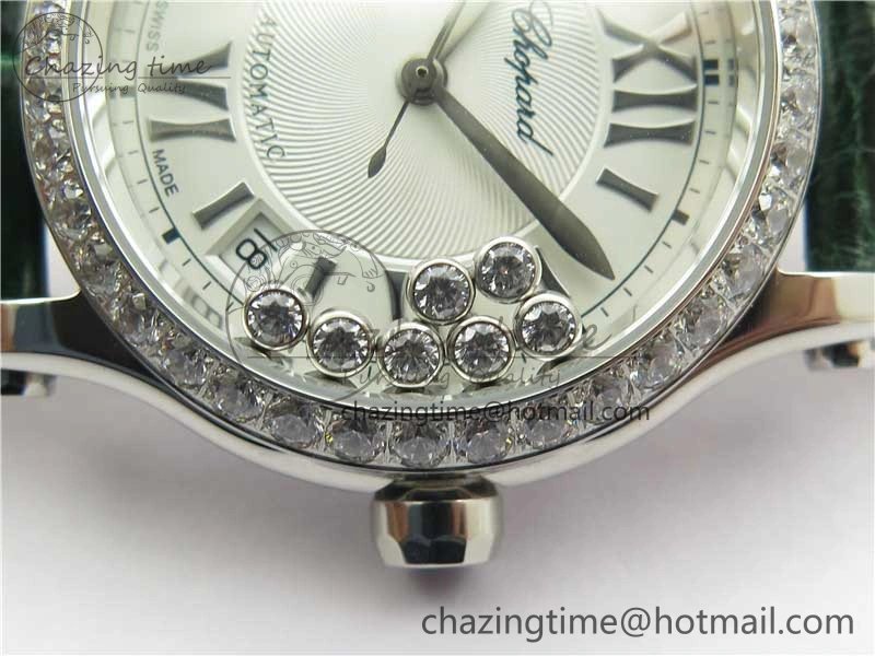 EyeCatching HAPPY SPORT AUTOMATIC SS 36MM CRYSTAL YYF 1:1 BEST EDITION WHITE DIAL ON GREEN LEATHER STRAP A 10313