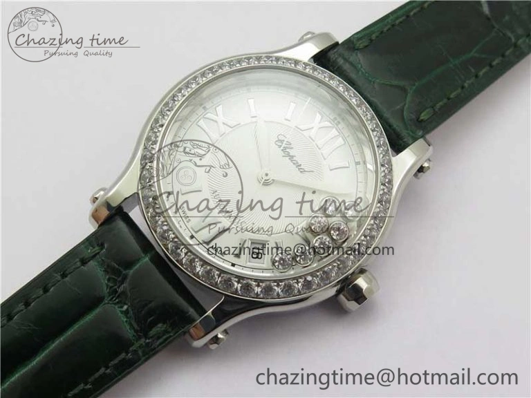 EyeCatching HAPPY SPORT AUTOMATIC SS 36MM CRYSTAL YYF 1:1 BEST EDITION WHITE DIAL ON GREEN LEATHER STRAP A 10313