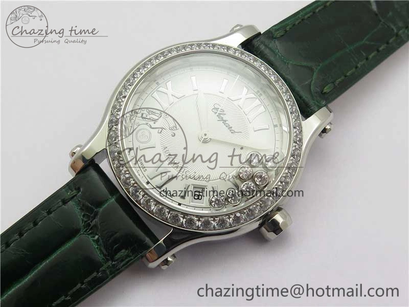 EyeCatching HAPPY SPORT AUTOMATIC SS 36MM CRYSTAL YYF 1:1 BEST EDITION WHITE DIAL ON GREEN LEATHER STRAP A 10313